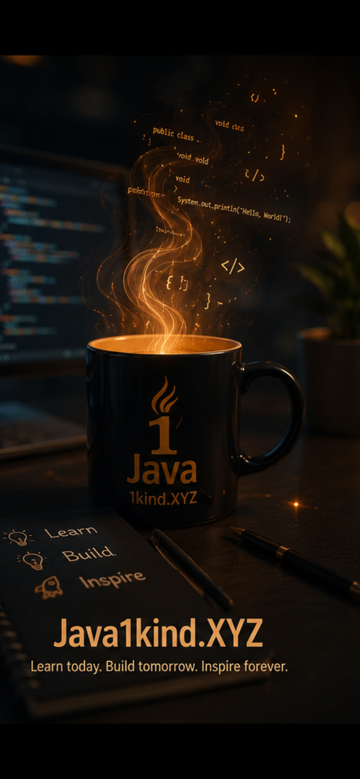 JAVA1KIND mug with glowing code rising like steam