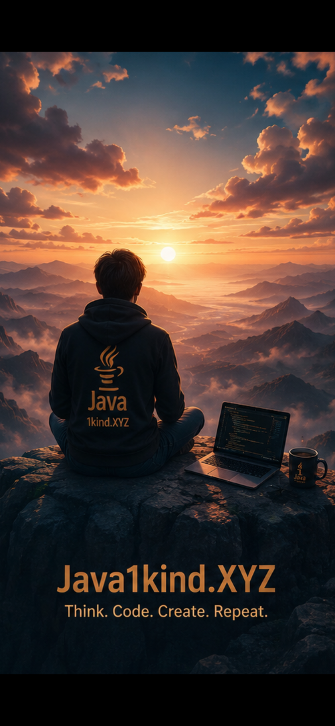 JAVA1KIND creator overlooking a mountain sunrise with laptop